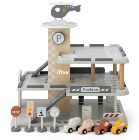 Kidslino Garage de parking avec accessoires en bois – Personnalisable I Jouet en bois fabriqué à la main à partir de 3 ans I Parking pour enfants I Cadeau de Noël & d'anniversaire I Jouet avec nom