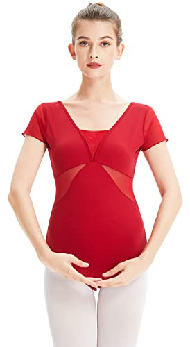 boruizhen Ballett Trikot Damen Turnanzug Mädchen Kurzarm Gymnastikanzug Mesh Tanztrikot mit BH-Pad Rot,L