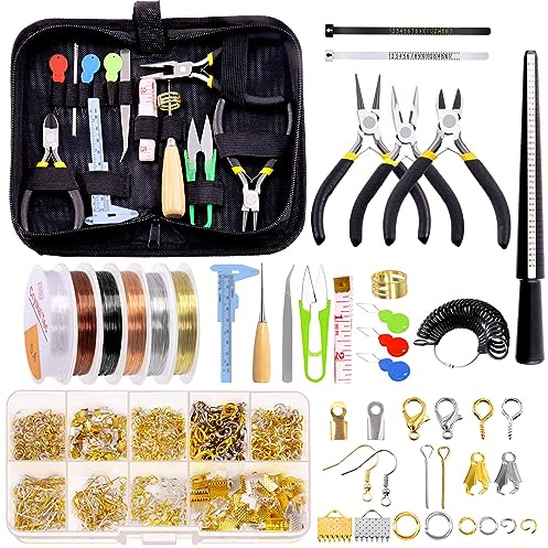GLARKS Kit de suministros para hacer joyas de 950 piezas con herramientas, alicates, alambres, accesorios, herramientas de medición para manualidades de aretes, collares, reparación