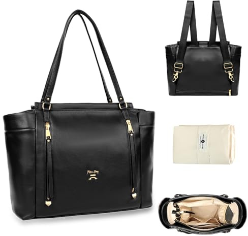 miss fong Diaper Bag Tote Leather Diaper Bag Backpack,Large Capacity Mommy Bag Hospital Bag,12 Pockets Travel Diaper Tote with Changing Pad,Stroller Straps & Insulated Pockets for Mom & Dad-Black