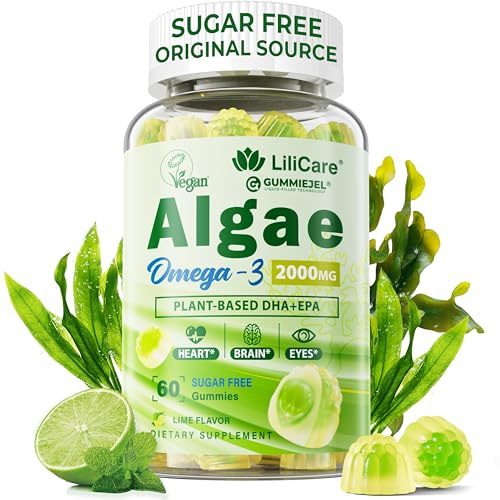 Omega 3 Gummies 2200mg from Algae Oil (DHA 640mg & EPA 290mg) for Women & Men, Vegan Omega 3 Fish Oil Alternative, w/CoQ10, Astaxanthin, Vitamin A, E, D3 for Brain, Eye, Antioxidant, Sugar Free, 1Pack