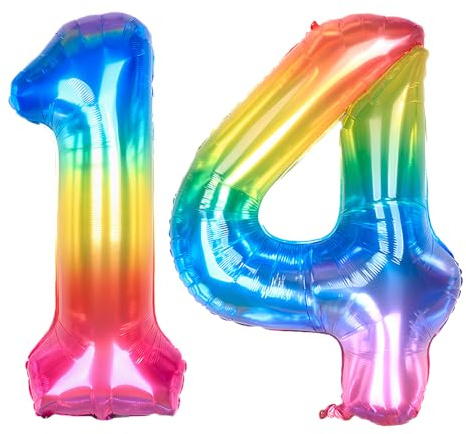 Ponmoo 40 inches Foil Balloons Numbers 14/41 Neon Rainbow (101cm), Inflatable Helium or Air, Giant Balloon Number 0-9, 10-29, 30-100, Grand Balloons for Anniversary Wedding Birthday Party Decoration