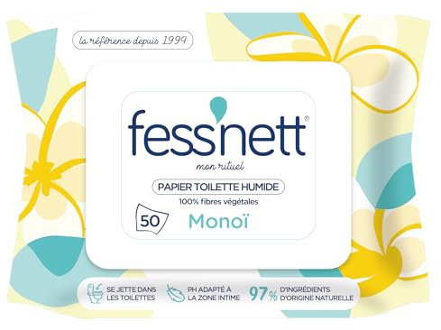 Fess'Nett - Feuilles de Papier Toilette Humide Jetable dans les Toilettes - Au Parfum Monoï - Papier WC Humide Alternative aux Lingettes Nettoyantes - Fibres Végétales - Pour Toute la Famille - x50