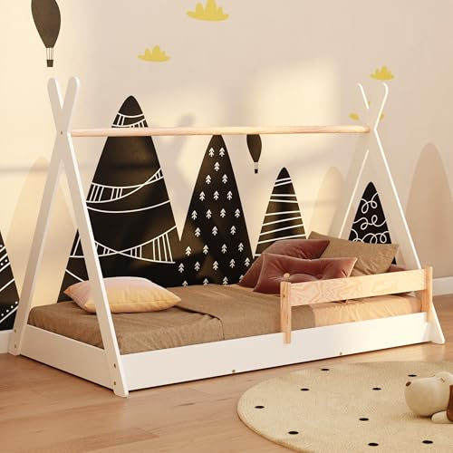 smartwood Hussäng 90x200 cm med Ribbotten, av Furuträ, Vit, TIPI F | Montessori golvsäng, fallskydd, insteg 14 cm, upp till 230 kg, FSC-trä, rundade kanter, enkel montering