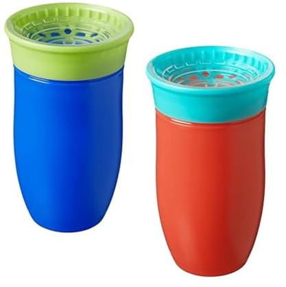 Nuby All Around Water Bottle - No Spill Sippy Cup | 300ml / 10oz | Drink from Any Angle | Dishwasher Safe | BPA Free | Suitable Beaker for 6 Months Plus (Pack of 2, Blue/Orange)