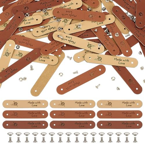 FINGERINSPIRE 48Sets PU Lederetiketten 6.4x1.2cm Beige Schokolade Sattelbraun Ovale Lederetiketten Zum Häkeln Garnknäuelmuster Handgefertigt Geprägtes Etikett Mit Nieten Für Kleidung Stricken Basteln
