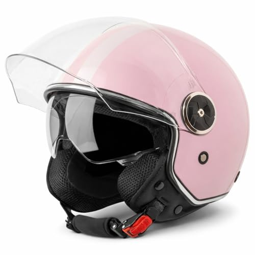 VINZ Arenas Casco Jet Doppia Visiera VIntage | Casco Scooter / Moto con Striscia | Donna E Uomo | Certificato ECE 22.06 | nelle taglie dalla XS-XXL - Rosa