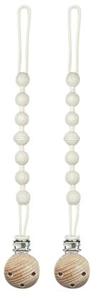 Aczyqws Dummy Clip, 2 Pack Silicone Dummy Clips with Wooden Design Pacifier Holder Clip, Soft Flexible Pacifier Clips for Boys and Girls (Off White)