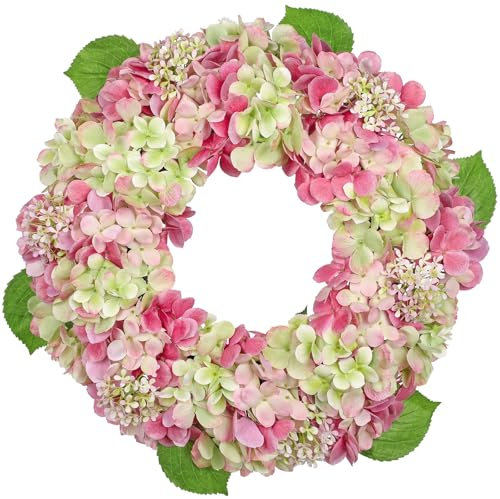 Oairse Artificial Hydrangea Wreath 50cm Farmhouse Spring Summer Wreath for Front Door, Faux Flower Garland for Indoor Outdoor Wall, Porch or Window Decoration, Pink All Season Floral Wreaths