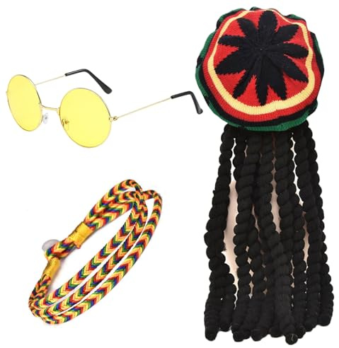 FUIPVGI 3 Stücke Mütze Rasta Dreadlocks mit Gelber Brille, Geflochtenes Armband, Reggae Hut Rasta Hut, Jamaikanische Dreadlocks Perücke, Maskerade-Kostümzubehör für Partys, Cosplay (Mehrfarbig)