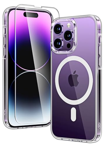TAURI för iPhone 14 Pro Skal 6.1-Tum med Härdat Glas Skärmskydd, Kompatibelt med MagSafe, Militär kvalitet, [Icke-Gulning] Magnetisk Mobilskal Case - Klar