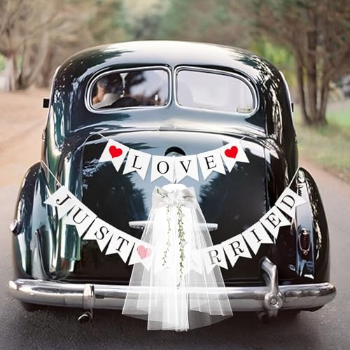 Just Married Car Decorations Set, Just Married Love Wedding Banner with Wedding Veil, White Veil Ribbon Photo Props for Automotive