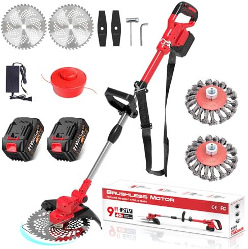 Desbrozadora con batería y cepillo para malas hierbas, 21 V-4,0 Ah, batería cortacésped, 4 en 1, desbrozadora eléctrica, 20000 R/min, mango telescópico de 1 – 45 cm, cabezal giratorio 90° para podar