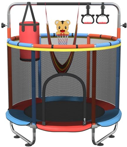 60 Toddler Trampoline for Age 2-4, 6ft Mini Kids Trampoline Indoor with Basketball Ball Adjustable Gymnastics Bar & Toys Swing Enclosure Net for Backyard ASTM Approved