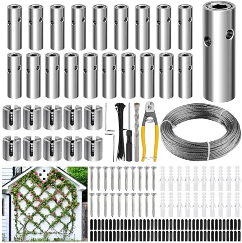 185PCS Garden Wire Trellis for Climbing Plants, Kalolary 30M Stainless Steel Heavy Duty Wire Trellis Kit Wall Plant Climbing T316 Steel Wire Rope Cross Clamp Cable Trellis System Kit for Flower Vines