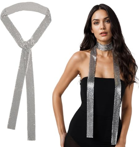 Cravatta con Strass Scintillanti, Sciarpa per Uomo e Donna alla Moda, 70s Costume Accessori Signore Gioielli Glitter con Brillantini per Ballo, Cosplay, Spettacolo
