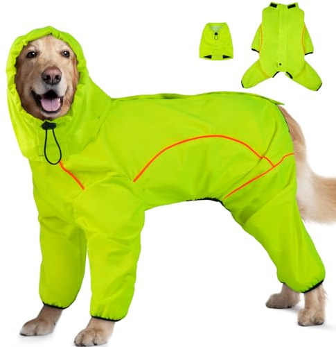 ADNIKIA Dog Raincoat, Waterproof Dog Rain Jacket with Removable Hood，Adjustable 4 Legs Pet Poncho with Leash Hole，Reflective Stripe Hooded Snowproof Windproof Clothes for Small to 3X-Large Dogs, S