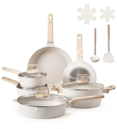 VEVOR Set di Pentole, Padelle Antiaderenti in Granito con Manico, Set di Pentole a Induzione da Cucina per Camper, con Frittura, Coperchi in Vetro Temperato, Bianco, 17 Pezzi