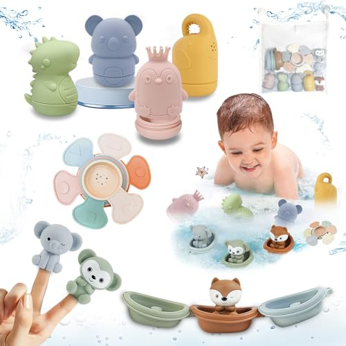 Juguetes Bañera para Bebe, 16 Pcs Juguetes Bañera para Bebe Niños Niñas de 1 2 3 4 Año, Juguetes para Baño Squeeze Toys Juguete Apilable Juego de Ducha Juegos de Agua Juguetes Piscina Juguetes Playa