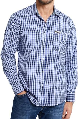 Enlision Camisa Cuadros Hombre Manga Larga Azul y Blanco Camisas para Hombre Coton con Botónes de Casual Primavera Otoño L