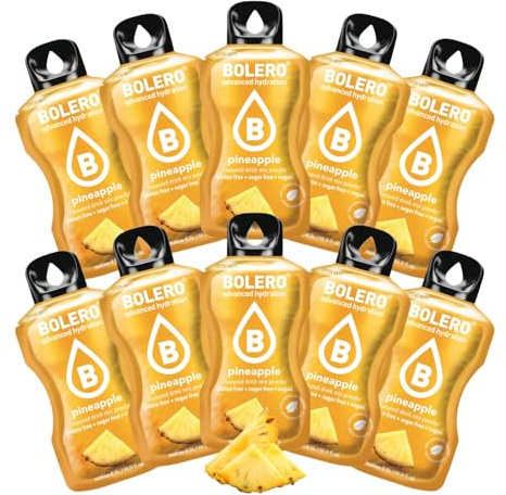 BOLERO Ananas - 10 sticks de poudre aromatisante pour boisson sans sucre | Arôme ananas - 1 stick de 9 g pour 4 litres d'eau - Édulcoré à la stevia - Sans conservateur ni colorant artificiel