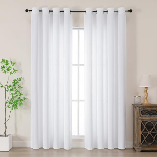 Simplebrand White Faux Linen Texture Curtains for Bedroom 2 Panel Set 220 CM Drop, Soft Elegent Home Decor Curtain for Living Room, Sun Blocking Room Darkening Thermal Eyelet Style, W140 x H 220 CM