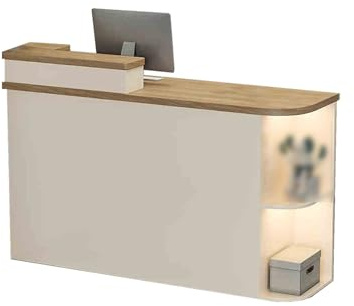 Receptionsskrivbord med låsbar låda – receptionsbänk för klädbutiker, skönhetssalonger och kassaapparater – aprikosträ finish, design på vänster sida