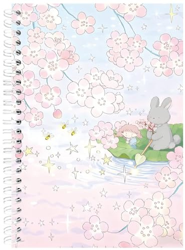 PRESSINART Pink Reusable Sticker Book Sticker Collecting Album 40 Sheets Release Paper Cherry Blossoms Rabbits Pattern 5.8 x 8.3 Inch A5 Size Cute Organizer Accessories with 1Pc Scraper and Tweezer