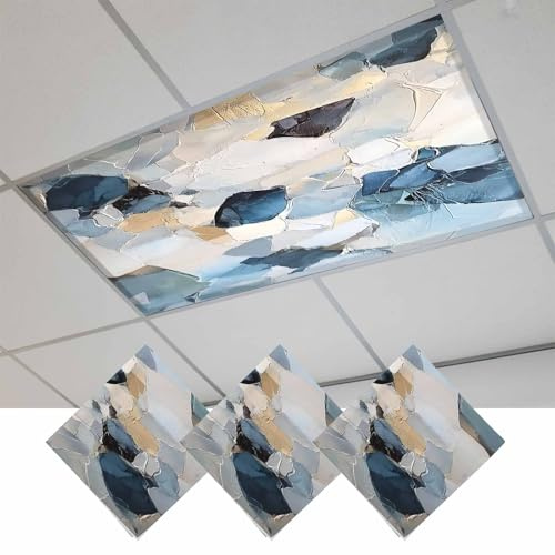Fluorescent Light Covers, Blue Geometric Magnetic Light Covers for Ceiling Lights, Modern Abstract Oil Painted Fluorescent Ceiling Shade Filters for Classroom Bedroom Office 4x2Ft x 3PCS