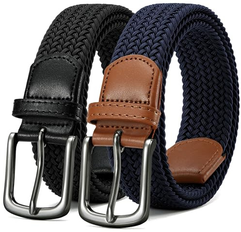 CHAOREN Elastic Belts for Men 2 Pack, Stretch Woven Belt Golf Casual 1 3/8 | Durable Zinc Alloy Buckle, No Hole Adjustment, Shape Retaining Webbing Fabric, Stretch Fit, Jeans & Trousers, Gift Box