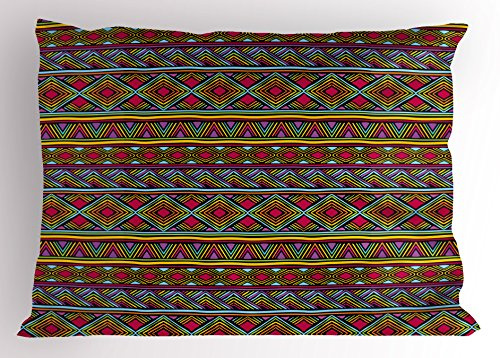 Ambesonne African Pillow Sham, Colorful Diamond Motifs with Angled Lines Lively Palette Geometric Borders, Decorative Standard Queen Size Printed Pillowcase, 30 X 20, Multicolor