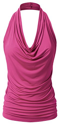 EIMIN Women's Casual Halter Neck Draped Front Sexy Open Back Tank Top Fuchsia 1XL