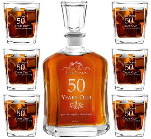 Maverton Classic Bourbon Whiskey Decanter Capitol Set of 6 Glasses - You can Personalise Tumblers as Gift - 700 ml Universal Carafe - Gift for Couple - Christmas Gifts - Years Old