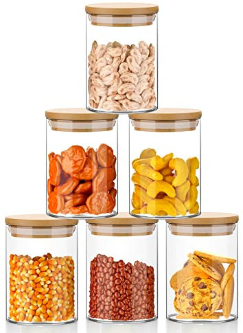 ARVINKEY 6 Set Glass Jars Set 260ml, 9oz Spice Jars Food Cereal Storage Container with Bamboo Airtight Lids and Labels for Flour, Sugar, Coffee, Candy, Snack and More