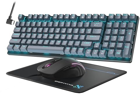 Mechanical Gaming Keyboard and Mouse, LED Backlit 98-Key Floating Keycap & 4 DPI RGB Gaming Mouse with Mouse Pad, Full Anti-Ghost Light Up Wired Computer Keyboards for MAC PC Gamer Accessories, Gray