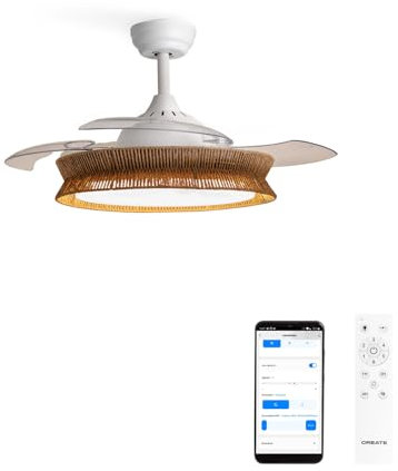 CREATE / WIND CLEAR/Ventilador de techo con luz blanco y mimbre trenzado con mando y Wifi / 40W, Ø108 cm,temporizador, 6velocidades, aspas retráctiles, 3temperaturas de luz, función verano-invierno