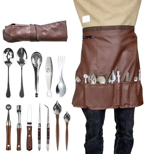 DUEBEL Kit profesional de chapado de chef con delantal, juego de chapado culinario de 13 piezas, herramienta de chapado de acero inoxidable para chapado en restaurantes, cocina en casa y eventos de
