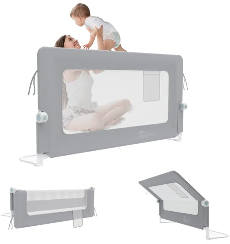 UISEBRT Barrera de cama de 180 cm, plegable, protección contra caídas, altura ajustable para cuna, rejilla transpirable para cuna con bolsa de almacenamiento, gris