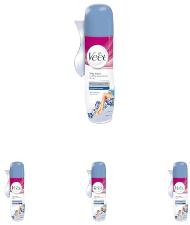 Veet Crema Depilatoria Spray Corpo, Gambe, Ascelle e Zona Bikini per Pelli Sensibili, Dermatologicamente Testata, 150 ml (Confezione da 4)