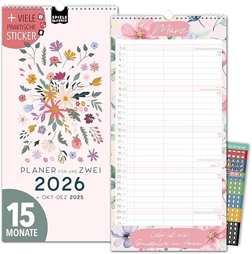Paarplaner 2026 3 Spalten GARTENLIEBE Planer für Zwei 2026 STICKER Recycling Urlaub Partnerkalender 2026 16x32,5cm, inkl. Okt-Dez 2025 Wandplaner Paar 2 Personen, Pflanzkalender Garten Floral