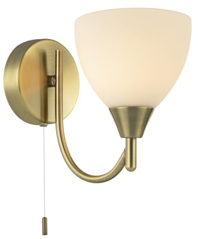Happy Homewares Contemporary Pull Switched Wall Light Fixture in Antique Brass with Opal White Glass Shade | 1 x 7w E14 | 18cm x 21cm x 11cm