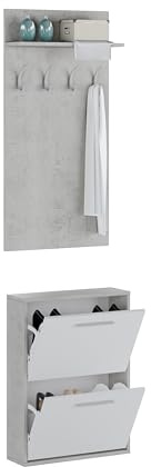 Arreditaly Set Ingresso Salvaspazio con Scarpiera 2 Ribalte e Appendiabiti da Parete con Mensola Mobile Ingresso Moderno Soggiorno Portascarpe Giacche 54 x 73 x 18 Cm (Bianco E Grigio Cemento)