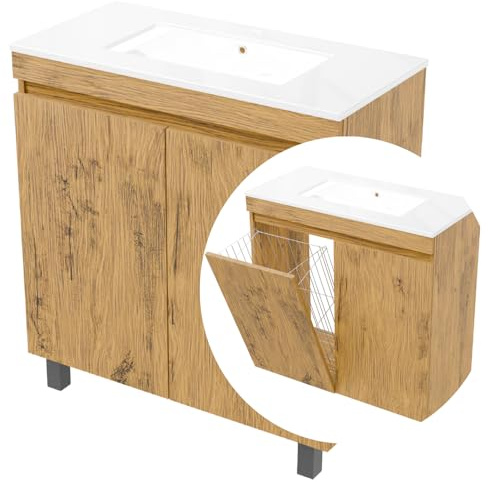 Mobile con lavabo 80 cm Ribera, sospeso o a terra, per bagno, chiusura soft, cestino per biancheria, set di mobili da bagno con lavabo, ripiani aggiuntivi. (Rovere Lancelot, 80)