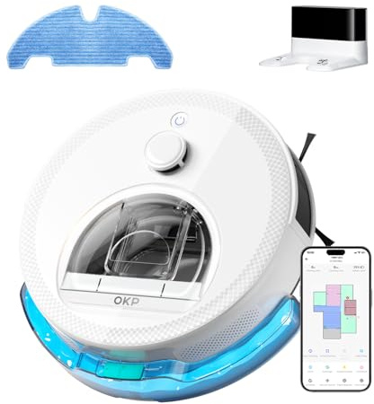OKP Robot Vacuum Cleaner with Mop, 6000Pa Ultra Strong Suction Robotic Vacuum, dToF Laser Navigation with Position Sensors, WiFi/APP/Alexa, 160Min Runtime, Ideal for Carpets Pet Hairs L6A White