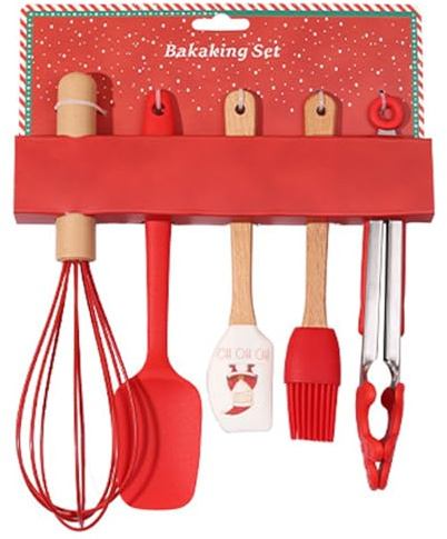 Set da 5 pezzi di forniture per dolci natalizi, spatola natalizia a tema alimentare con frusta, pinza, pennello, set di simpatici utensili da forno per cucinare, saltare in padella, mescolare, se