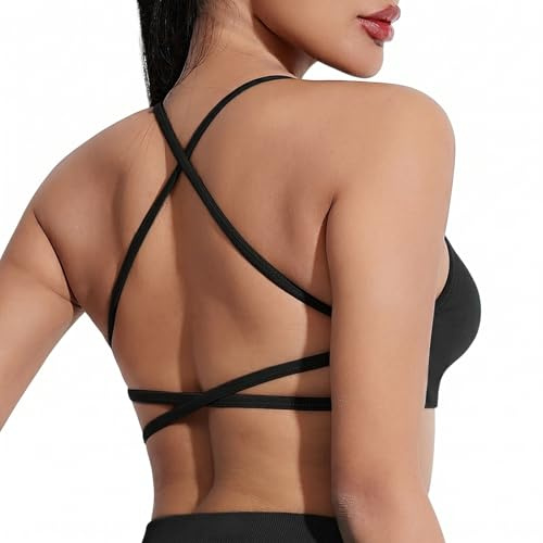 GEEKPC Women's Open Back Sports Bra, Cross-Back Straps, Black, Size M, 1-Pack | Removable Pads, Shaped Front and Fitted Cropped Design, Light Support for Yoga, Pilates, Dance and Light Gym Sessions