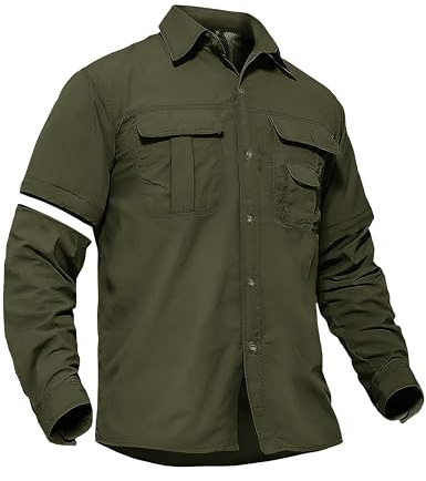 TACVASEN Men's Convertible Long Sleeve Fishing Shirts Quick Dry Tactical Military UV Shirts for Work Hunting Army Green, L