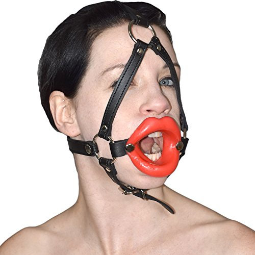 Honeylust - Imbracatura fetish sexy per la testa con labbra in silicone rosso - bavaglio Bondage in similpelle - bavaglio fetish morbido con cinghie regolabili - giocattolo sessuale BDSM