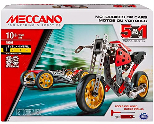 MECCANO - COCHE Y MOTO - Moto Street Fighter 5 en 1 - Modelos de Coches y motos para Construir - Juego de construcción con 2 herramientas y 132 piezas - 6053371 - Juguetes Niños 10 años +