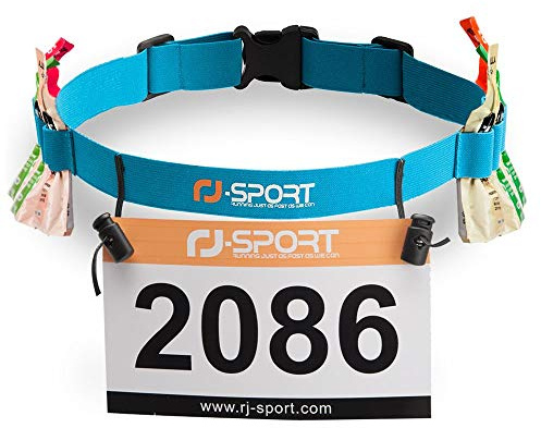 RJ-Sport Race Number Belt - Triathlon Race Belt Bib Holder with 6 Energy Gel Loops for Triathlon, Marathon, Running and Cycling, 66 cm - 102 cm (max. 190.5 cm)